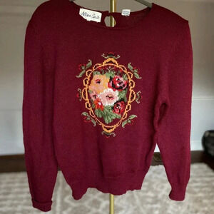 Women's Burgundy Floral Vintage Sweater